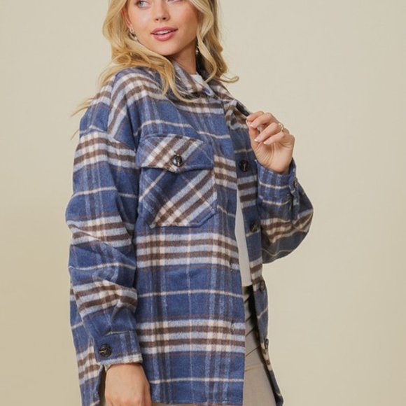 *BOUTIQUE NEW*  Brushed Thick Flannel Blue Plaid Shacket Jacket Button Down Top - Picture 3 of 4
